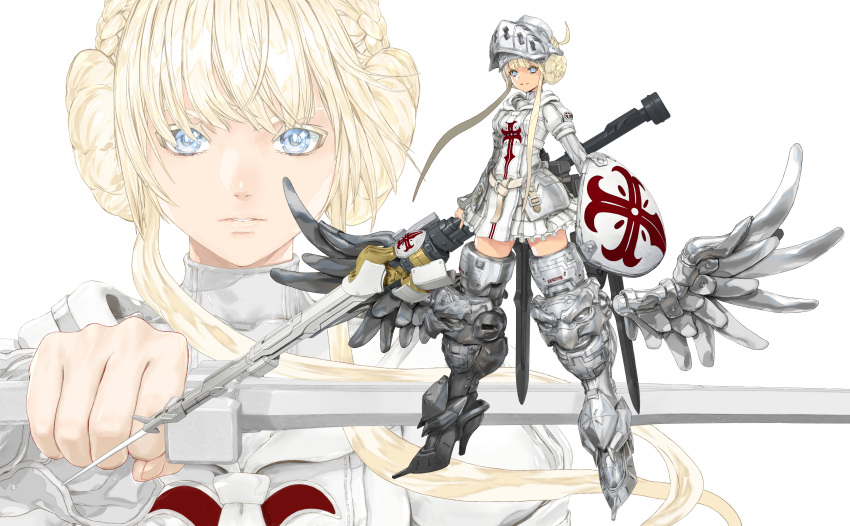 1girl absurdres armor bangs blue_eyes box_art breasts collarbone double_bun dress eyebrows_hidden_by_hair full_body godz_order greaves hair_bun helmet highres holding holding_polearm holding_shield holding_sword holding_weapon lance long_hair looking_at_viewer multiple_views official_art parted_lips polearm portrait shield sidelocks small_breasts smile straight-on sword visor_(armor) weapon white_background white_dress winged_footwear yasuda_akira yuri_godbuster