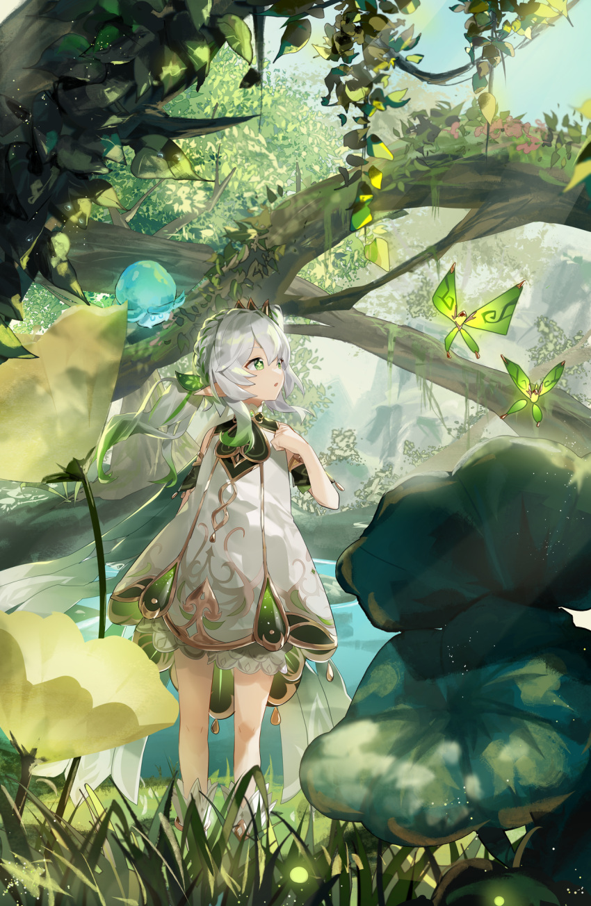 1girl bangs blurry braid bug butterfly commentary_request crystalfly_(genshin_impact) depth_of_field detached_sleeves dress flower forest fungi_(genshin_impact) genshin_impact gradient_hair grape_(pixiv27523889) green_eyes hair_between_eyes hair_ornament highres lake long_hair looking_away looking_to_the_side multicolored_hair nahida_(genshin_impact) nature parted_lips plant pointy_ears scenery short_sleeves side_ponytail sidelocks single_braid stirrup_legwear symbol-shaped_pupils toeless_legwear tree white_dress white_hair