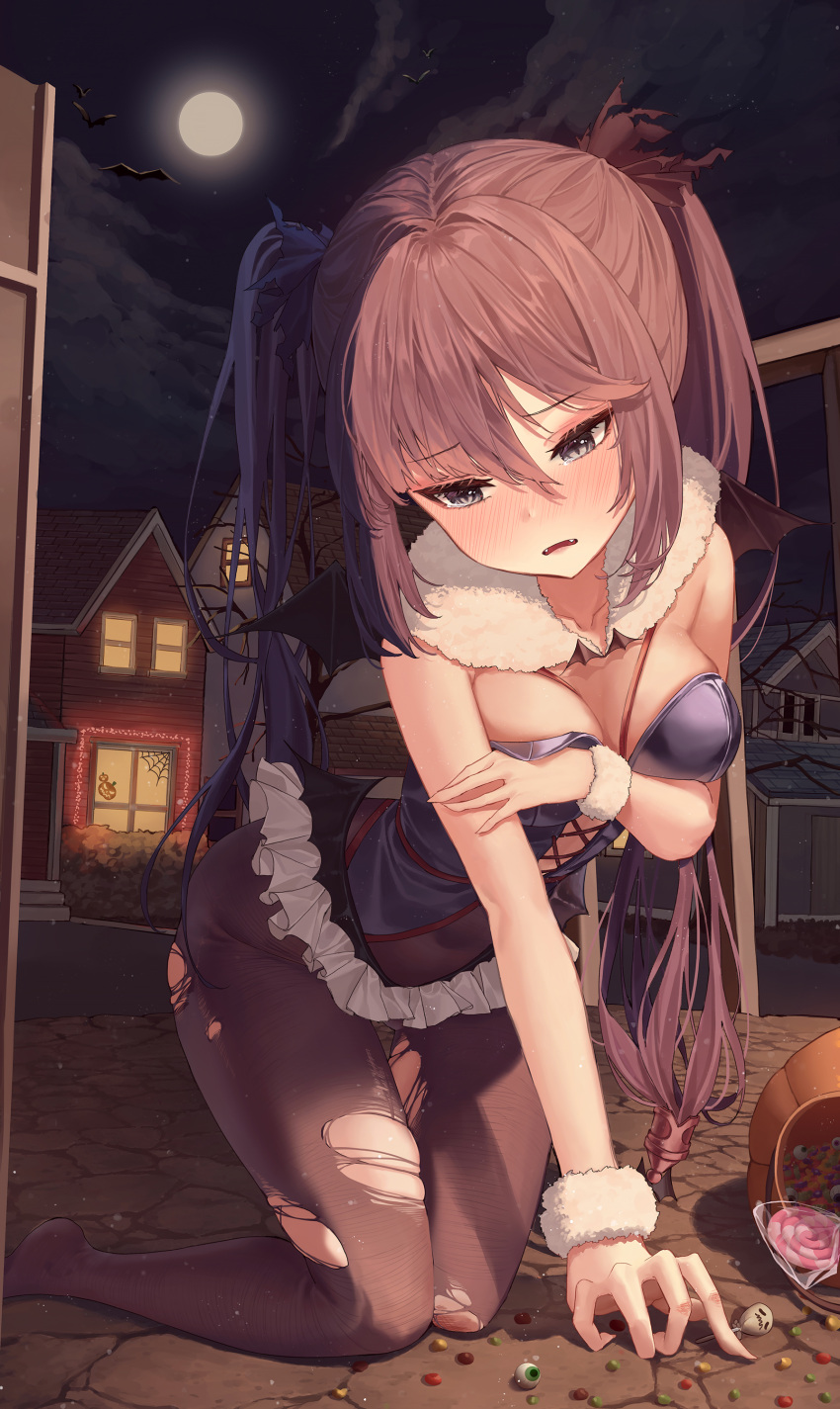 1girl absurdres adjusting_clothes alternate_costume ass bangs bat_wings bent_over black_hair black_pantyhose blurry breasts building candy chupa_chups cleavage commentary crossed_arms depth_of_field fake_wings fallen_down fangs food genshin_impact grey_eyes hair_between_eyes hair_ribbon halloween halloween_costume highres jelly_bean kneeling leotard lollipop long_hair looking_away mona_(genshin_impact) night night_sky pantyhose ribbon scrunchie sidelocks sky sleeveless solo symbol-shaped_pupils tem torn_clothes torn_pantyhose twintails window wings wrist_scrunchie