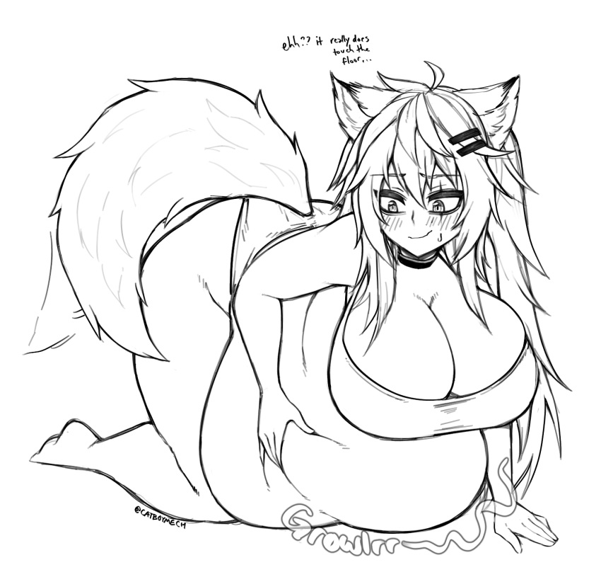 animal_humanoid arknights belly big_belly big_breasts big_butt blush bodily_fluids breasts butt cakecatboy canid canid_humanoid canine canine_humanoid dialogue female hand_on_stomach hi_res huge_breasts humanoid hypergryph lappland_(arknights) mammal mammal_humanoid monochrome obese obese_female obese_humanoid overweight overweight_female overweight_humanoid signature simple_background smile solo studio_montagne sweat text thick_thighs video_games wolf_humanoid