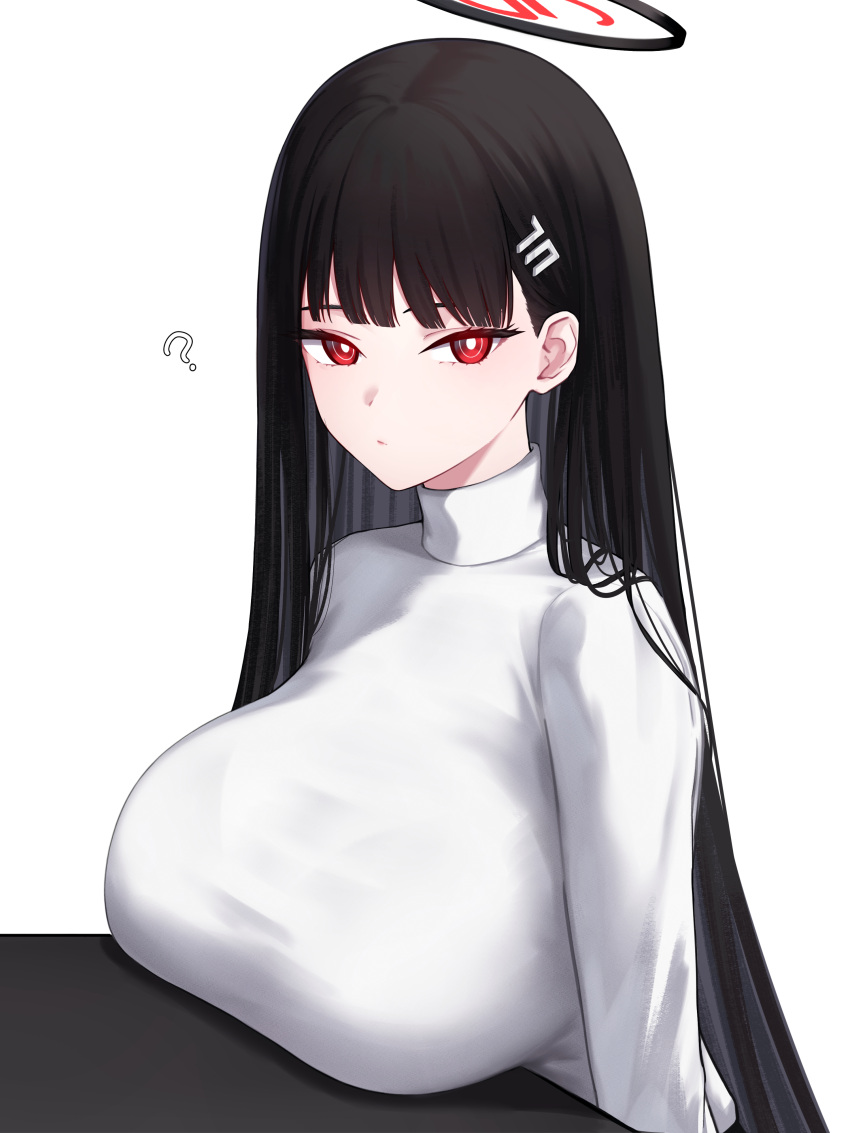 1girl ? absurdres bangs black_hair blue_archive blush breast_rest breasts closed_mouth hair_ornament hairclip halo highres huge_breasts long_hair long_sleeves looking_at_viewer onuj2$ red_eyes rio_(blue_archive) simple_background solo sweater turtleneck turtleneck_sweater upper_body very_long_hair white_background