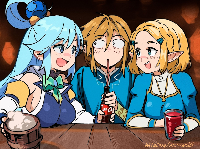 1boy 2girls aqua_(konosuba) bare_shoulders blonde_hair blue_eyes blue_hair bottle braid breasts crossover cup drinking drinking_straw french_braid hair_ornament highres kono_subarashii_sekai_ni_shukufuku_wo! large_breasts link mug multiple_girls open_mouth pointy_ears princess_zelda short_hair sidelocks single_hair_ring smile snegovski table the_legend_of_zelda the_legend_of_zelda:_breath_of_the_wild the_legend_of_zelda:_tears_of_the_kingdom tunic