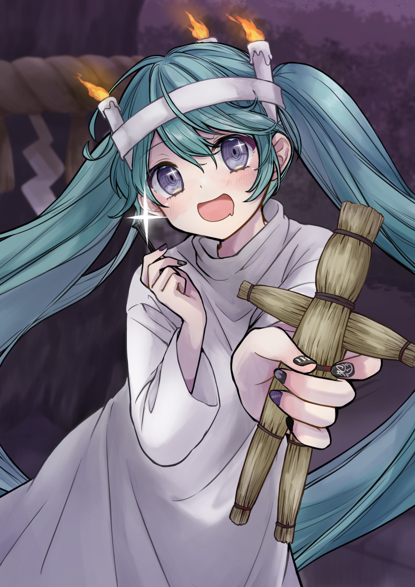 1girl :d absurdres bangs blue_hair blush candle doll drooling fire flame foreshortening glint hatsune_miku headband highres holding holding_doll holding_nail long_hair long_sleeves looking_at_viewer multicolored_nails nagitofuu nail nail_art nail_polish noroi_no_susume_(vocaloid) open_mouth purple_eyes reaching_towards_viewer robe rope smile solo straw_doll tree twintails vocaloid