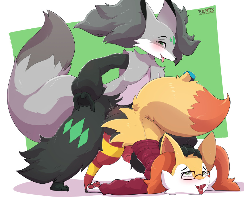 absurd_res animal_genitalia animal_penis anthro black_body black_fur braixen breath canine_penis clothing delphox doggystyle duo ember_(emberbraix) eyewear flare_the_delphox from_behind_position fur game_console generation_6_pokemon genitals glasses green_eyes green_markings grey_body grey_fur hi_res knot legwear looking_pleasured male male/male markings nintendo nintendo_switch orange_body orange_fur panting penis pokemon pokemon_(species) sarox sex switch_console thigh_highs video_games white_body white_fur yellow_body yellow_fur