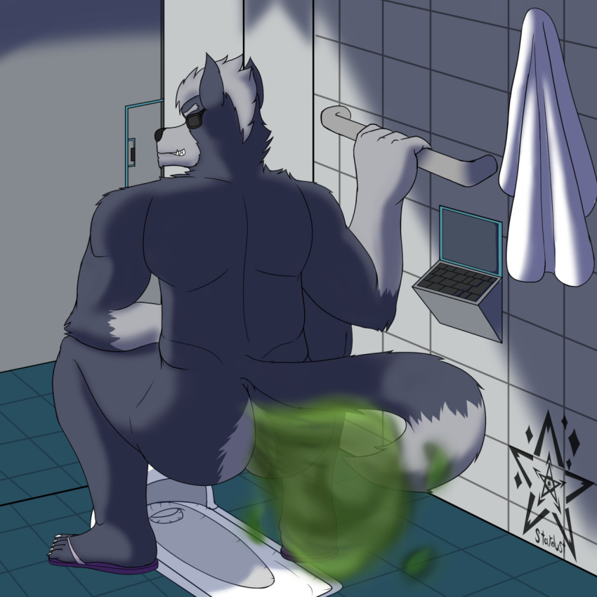 anthro bathroom butt canid canine canis clothing crouching digital_drawing_(artwork) digital_media_(artwork) eye_patch eyewear fafnir_stardust_(artist) fart fart_cloud feet footwear fur grey_body grey_fur hi_res humanoid_feet male mammal multicolored_body multicolored_fur nintendo sandals solo squat_toilet star_fox two_tone_body two_tone_fur video_games wolf wolf_o'donnell