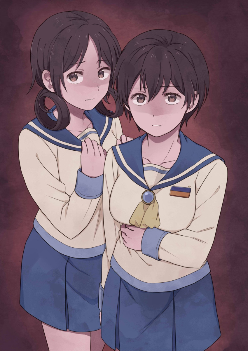 2girls 631 ascot bangs brooch brown_eyes brown_hair corpse_party curly_hair frown hair_rings hand_on_another's_shoulder hand_on_own_chest highres jewelry kisaragi_academy_school_uniform long_sleeves multiple_girls nakashima_naomi parted_lips pleated_skirt school_uniform serafuku shaded_face shinohara_seiko short_hair skirt