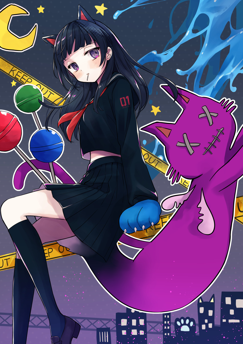 1girl absurdres animal_ears animal_hands bangs black_hair blunt_bangs blush candy cat cat_ears cat_girl caution_tape chat_noir_(module) city crescent_moon eating envy_cat_walk_(vocaloid) food gloves highres keep_out kneehighs lollipop long_hair long_sleeves looking_away looking_to_the_side midriff moon mouth_hold nagitofuu neckerchief night night_sky paw_gloves pleated_skirt purple_eyes school_uniform serafuku skirt sky slime_(substance) socks solo star_(sky) starry_sky vocaloid