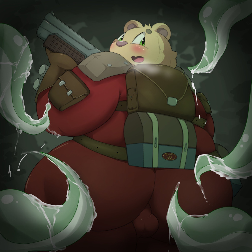 2022 anthro backpack big_butt blush bodily_fluids bulge butt clothed clothing hi_res inigo_(kusosensei) kemono kusosensei male mammal overweight overweight_male solo sweat tentacles ursid weapon