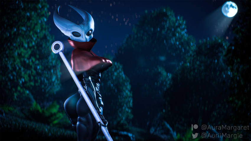 3d_(artwork) 4_fingers anthro arthropod auramargaret black_body breasts butt clothing compound_eyes digital_media_(artwork) female fingers forest forest_background hi_res hollow_knight hornet_(hollow_knight) insect light looking_at_viewer looking_back melee_weapon moon moonlight nature nature_background night patreon plant red_clothing solo team_cherry tree twitter under_boob video_games watermark weapon