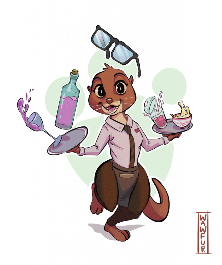 2022 3_toes alcohol anthro apron beverage bottle bowl brown_body brown_fur brown_nose clothing container cup digital_media_(artwork) disney drinking_glass eyebrows eyewear feet female food fur glass glass_container glass_cup glasses hi_res looking_at_viewer lutrine mammal mustelid necktie plate sam_(zootopia+) signature simple_background smile solo soup straw thick_thighs toes wawfur whiskers wine wine_glass zootopia zootopia+