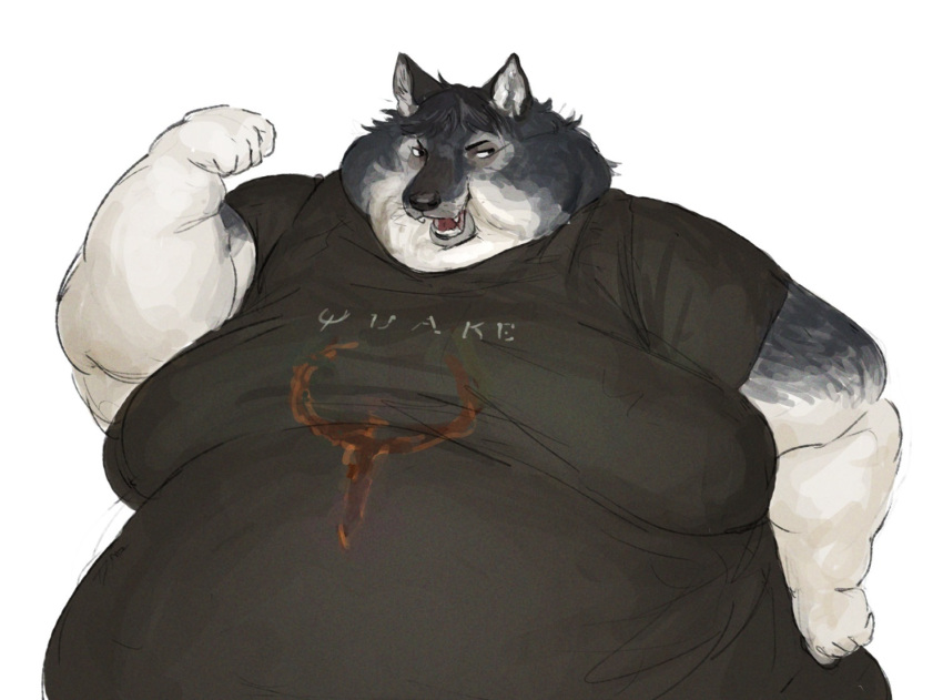 anthro belly big_belly canid canine canis cettus clothing male mammal moobs morbidly_obese morbidly_obese_anthro morbidly_obese_male obese obese_anthro obese_male open_mouth overweight overweight_anthro overweight_male quake shirt simple_background solo topwear white_background wolf