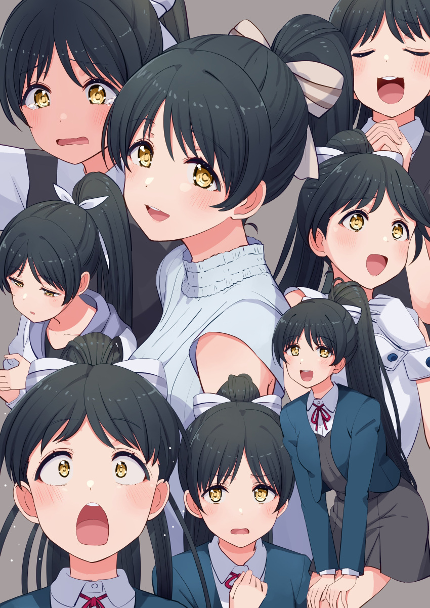 1girl absurdres bangs birthday black_hair blush closed_eyes collarbone commentary cream_(nipakupa) gloves hair_ribbon hazuki_ren high_ponytail highres hood hooded_jacket jacket long_hair looking_at_viewer love_live! love_live!_superstar!! multiple_views ponytail ribbon school_uniform smile surprised upper_body white_gloves wish_song yellow_eyes yuigaoka_school_uniform