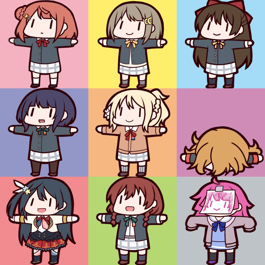 2020 6+girls ahoge asaka_karin black_hair black_socks black_thighhighs blonde_hair blue_hair bow braid brown_footwear brown_hair brown_thighhighs cardigan chibi closed_mouth covered_face emma_verde flat_color flower green_bow grey_hair grey_socks hair_bun hair_flower hair_ornament hair_ribbon hairclip happy highres konoe_kanata long_hair long_sleeves love_live! love_live!_nijigasaki_high_school_idol_club lying miyashita_ai multicolored_hair multiple_girls multiple_views nakasu_kasumi open_mouth orange_cardigan ousaka_shizuku paper pink_hair ponytail purple_footwear red_bow red_ribbon ribbon school_uniform seion serious short_hair simple_background skirt sleeping smile socks standing t-pose tennouji_rina thighhighs twin_braids uehara_ayumu white_socks yellow_bow yuuki_setsuna_(love_live!) |_|