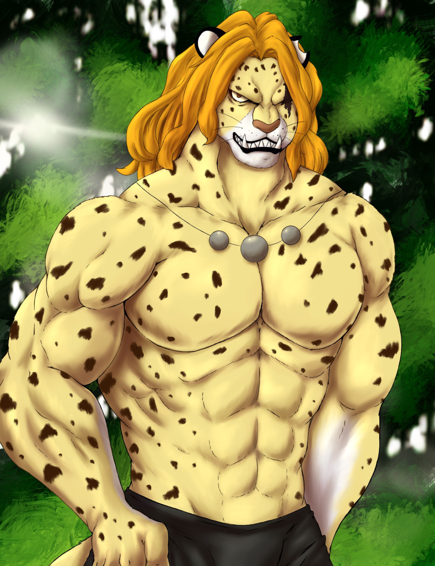 2021 absurd_res animal_humanoid anthro biceps big_biceps big_muscles black_clothing black_lips chibikoma clothing digital_drawing_(artwork) digital_media_(artwork) eye_scar facial_scar fangs felid felid_humanoid forest forest_background hair hi_res humanoid jaguar lips looking_at_viewer male mammal mammal_humanoid markings muscular muscular_anthro muscular_male nature nature_background one_piece orange_hair pantherine pecs pedro_of_the_treetops plant scar shirt shirtless solo spots spotted_body spotted_markings topwear torn_clothing torn_shirt torn_topwear tree yellow_body yellow_sclera