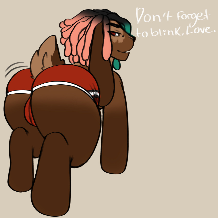 absurd_res bottomwear brown_body brown_fur bulge butt chaosdraws clothing colored dialogue digital_media_(artwork) dreadlocks english_text equid equine fan_character fur hair hasbro hi_res horse hotpants long_ears looking_at_viewer male mammal multicolored_hair my_little_pony nonbinary_(lore) pony presenting presenting_hindquarters red_bottomwear red_clothing red_shorts reese_lightlender shaking_butt shorts solo suggestive text white_text