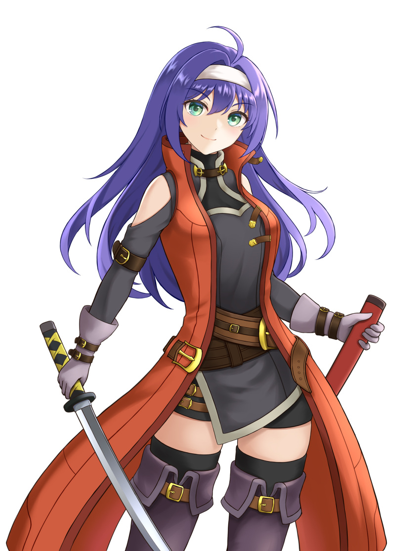 1girl ahoge bare_shoulders black_thighhighs blue_hair boots coat cowboy_shot detached_sleeves fire_emblem fire_emblem:_radiant_dawn gloves green_eyes grey_gloves hairband highres holding holding_sheath holding_sword holding_weapon looking_at_viewer mia_(fire_emblem) official_alternate_costume sheath simple_background smile solo sword takaneko thigh_boots thighhighs unsheathed weapon white_background white_hairband zettai_ryouiki