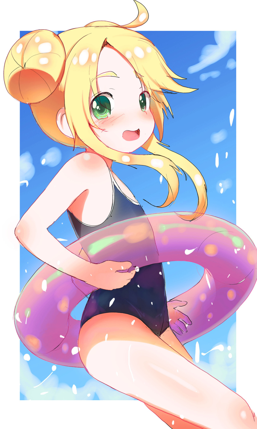 1girl absurdres blonde_hair blush green_eyes hair_bun highres himesaka_noa houshasei_gokiburi innertube looking_at_viewer one-piece_swimsuit open_mouth solo swimsuit thesdroz watashi_ni_tenshi_ga_maiorita!