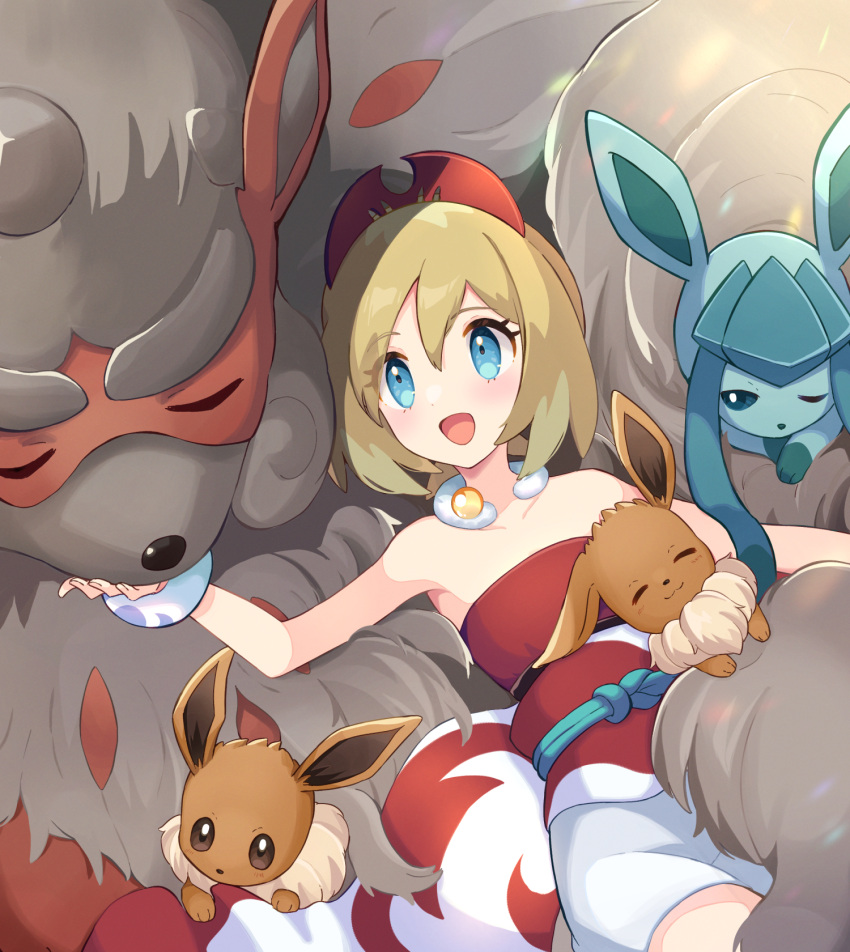 1girl :d bangs blonde_hair blue_eyes bracelet collar collarbone commentary_request eevee eyelashes glaceon hair_between_eyes hairband hand_up haru_(haruxxe) highres hisuian_arcanine irida_(pokemon) jewelry open_mouth pokemon pokemon_(creature) pokemon_(game) pokemon_legends:_arceus red_hairband red_shirt sash shirt short_hair shorts smile strapless strapless_shirt white_shorts