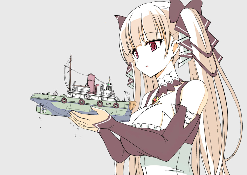 1girl azur_lane bangs between_breasts black_headwear breasts character_request cleavage copyright_request detached_sleeves formidable_(azur_lane) giant giantess hands_up highres lolita_fashion necktie necktie_between_breasts red_eyes ribbon seo_tatsuya ship simple_background twintails watercraft white_hair