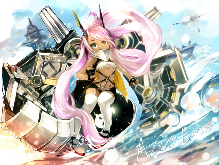 1girl ahoge azur_lane bangs black_gloves blue_eyes blush breasts character_name clenched_hand commentary copyright_name dark-skinned_female dark_skin eyes_visible_through_hair full_body gloves grey_footwear hair_between_eyes heart heart_ahoge heterochromia highres horns indianapolis_(azur_lane) long_hair looking_at_viewer mechanical_arms mechanical_horns medium_breasts mineta_naoki open_mouth partially_fingerless_gloves pink_hair rigging rudder_footwear solo thighhighs turtleneck twintails underboob very_long_hair white_bandeau white_thighhighs yellow_eyes