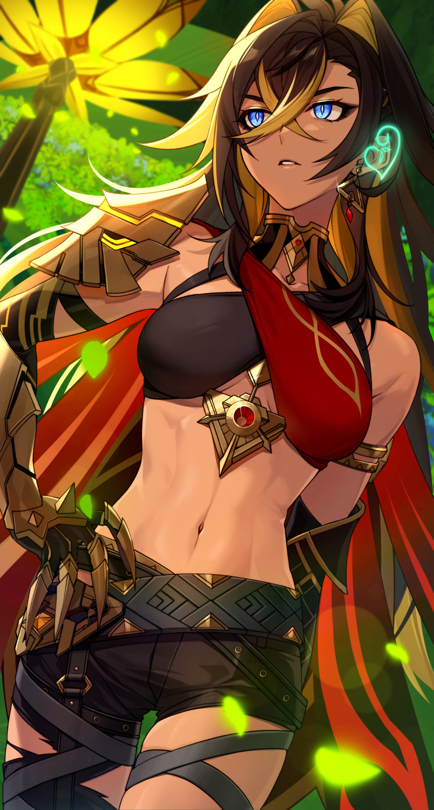 1girl absurdres arm_behind_back armlet armor asymmetrical_clothes bangs belt black_pants blonde_hair blue_eyes breasts bright_pupils brown_hair cowboy_shot criss-cross_halter crop_top crossed_bangs dehya_(genshin_impact) dutch_angle earrings falling_leaves gauntlets genshin_impact halterneck hand_on_hip highres jewelry leaf long_hair looking_to_the_side medium_breasts multicolored_hair navel onimoti pants parted_lips petals shirt shoulder_armor single_bare_shoulder single_pantsleg sleeveless sleeveless_shirt solo stomach streaked_hair thigh_strap thighs toned torn_clothes torn_pants two-tone_hair white_pupils