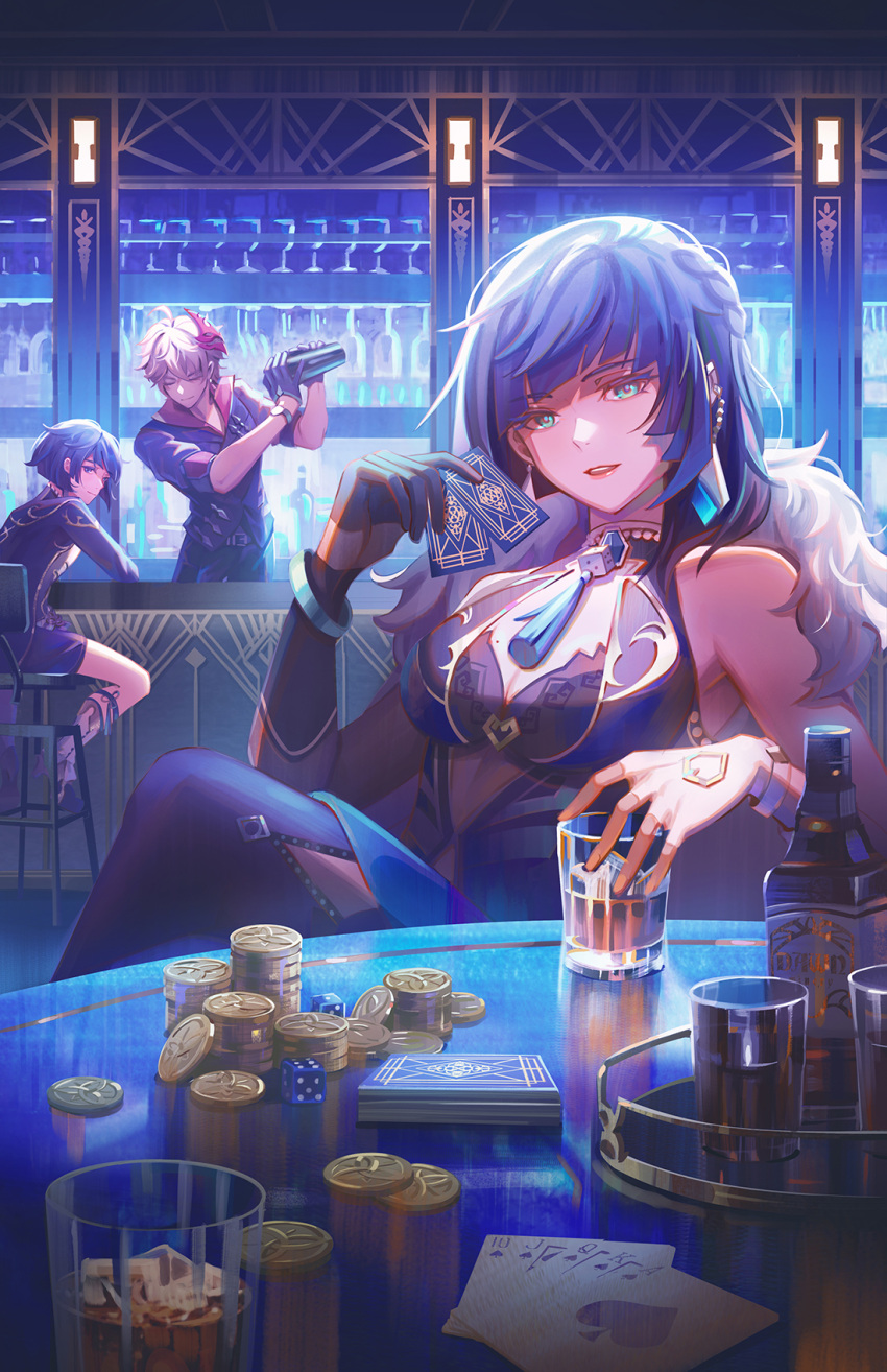 1girl 2boys ace_of_spades ahoge alcohol bangs bar_(place) bare_shoulders belt blonde_hair blue_eyes blue_hair bob_cut braid breasts card center_opening chair cleavage closed_eyes closed_mouth crossed_legs cup diagonal_bangs dice earrings english_commentary fur gambling genshin_impact glass gloves gold_trim green_eyes half_gloves hand_up highres holding holding_card ice ice_cube indoors jack_of_spades jewelry jwijaya_art king_of_spades liquor looking_at_viewer looking_back mask mask_on_head medium_breasts money multiple_boys open_mouth power_connection queen_of_spades reflection royal_flush shadow single_bare_arm smile spade_(shape) standing tartaglia_(genshin_impact) tassel teeth ten_of_spades upper_teeth v-shaped_eyebrows watch xingqiu_(genshin_impact) yelan_(genshin_impact)