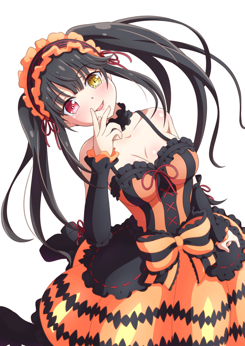 1girl black_hair blush breasts cleavage clock_eyes collarbone date_a_live detached_sleeves gothic_lolita hairband heterochromia highres lolita_fashion lolita_hairband looking_at_viewer medium_breasts red_eyes roman_numeral smile solo symbol-shaped_pupils tokisaki_kurumi twintails uneven_twintails white_background yellow_eyes yosuzu