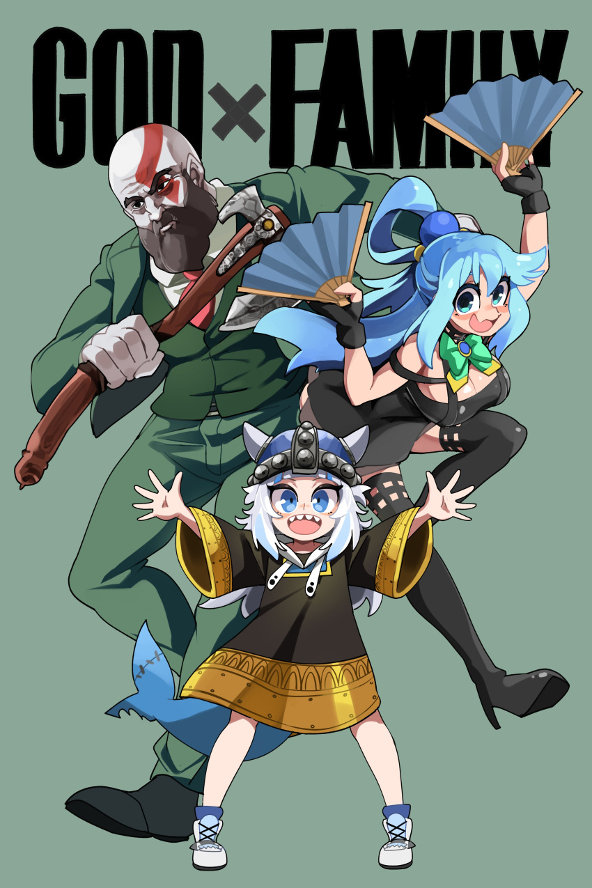 1boy 2girls :d absurdres anya_(spy_x_family) anya_(spy_x_family)_(cosplay) aqua_(konosuba) bald bangs bare_shoulders beard black_dress black_footwear black_gloves black_thighhighs blue_hair bongfill bow bowtie breasts child cleavage collared_shirt cosplay dress facial_hair female_child fingerless_gloves fish_tail full_body gawr_gura gloves god_of_war green_bow green_bowtie green_jacket green_pants green_vest highres hololive hololive_english jacket kono_subarashii_sekai_ni_shukufuku_wo! long_hair long_sleeves multiple_girls pants shark_tail shirt shoes simple_background smile spiked_helmet spy_x_family standing tail teeth thighhighs twilight_(spy_x_family) twilight_(spy_x_family)_(cosplay) upper_teeth vest white_hair yor_briar yor_briar_(cosplay)