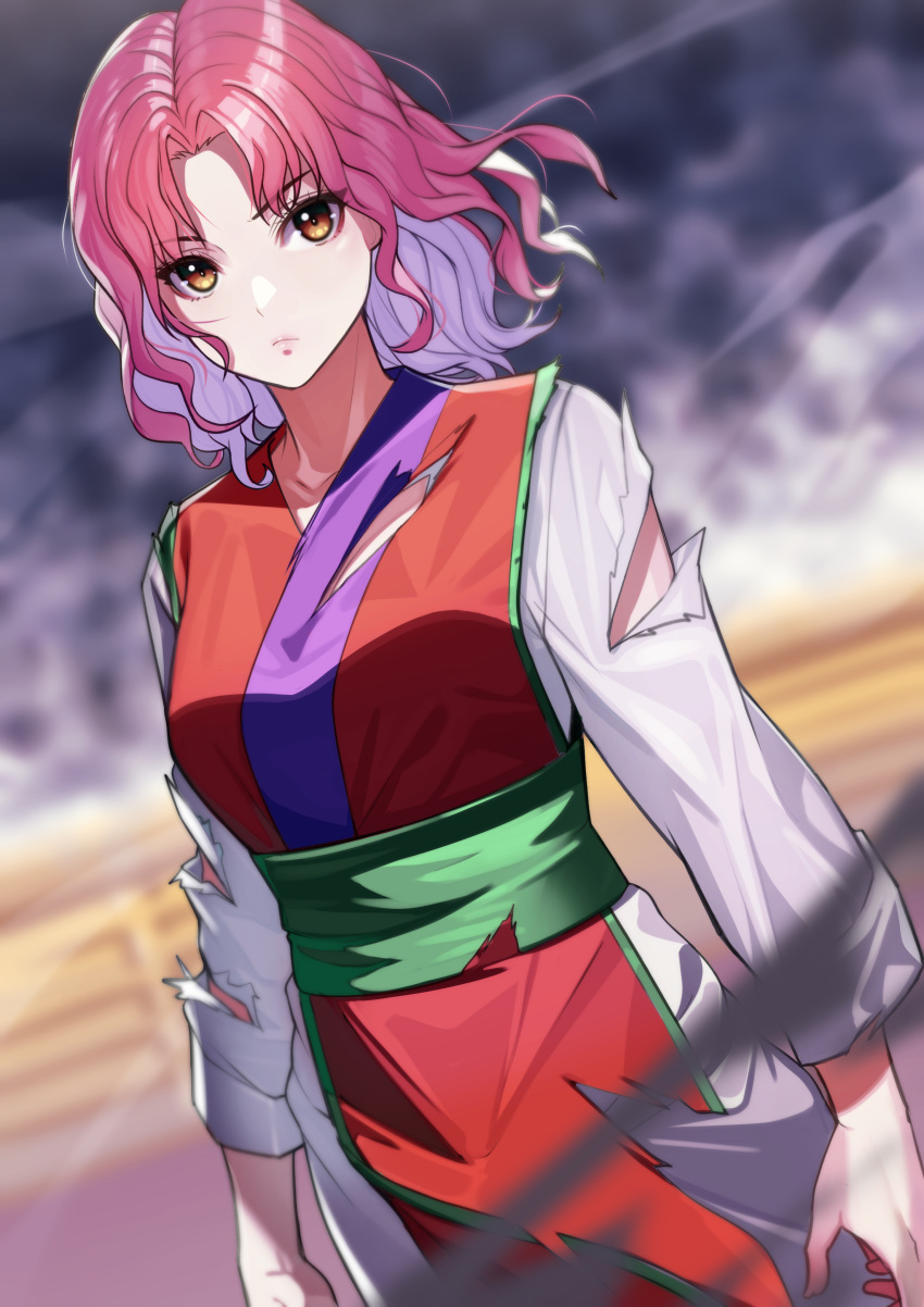 1girl absurdres breasts character_request closed_mouth commentary_request copyright_request dutch_angle frown green_sash hair_intakes highres kagematsuri medium_breasts red_hair sash short_hair solo torn_clothes torn_sleeves yellow_eyes