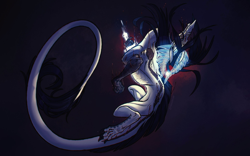 16:10 black_claws black_hair blood blue_horn bodily_fluids claws death dragon female feral gore hair hi_res horn kardinaluz long_hair ridged_horn shadowwolfhunter simple_background solo tail_tuft translucent translucent_horn tuft white_body white_ears white_tail widescreen wounded