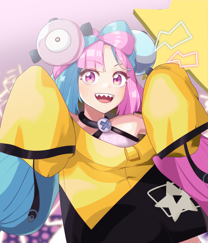 1girl :d aqua_hair bangs blush character_hair_ornament commentary_request hair_ornament highres iono_(pokemon) jacket long_hair looking_at_viewer oddman1234 open_mouth pink_hair pokemon pokemon_(game) pokemon_sv purple_eyes sharp_teeth shiny shiny_hair shirt sleeveless sleeveless_shirt smile solo star_(symbol) star_print teeth tongue twintails upper_body upper_teeth yellow_jacket