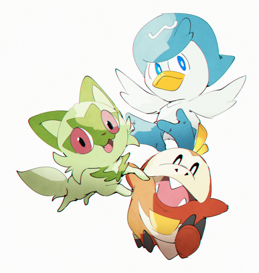 :d blue_eyes bright_pupils commentary_request fangs fuecoco highres jaibus looking_at_viewer no_humans open_mouth pokemon pokemon_(creature) quaxly simple_background smile sprigatito starter_pokemon_trio tongue white_background white_pupils