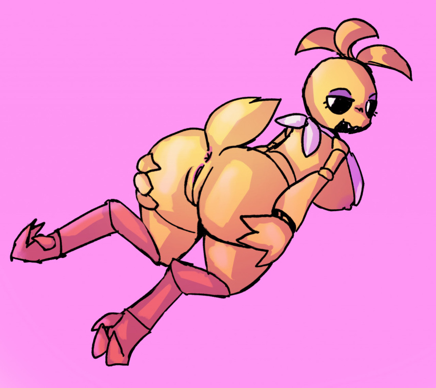 animatronic anthro anus areola avian beakless bib big_breasts big_butt bird bird_feet black_sclera breasts butt butt_grab catpixonline chicken eyelashes eyeshadow feathers female five_nights_at_freddy's five_nights_at_freddy's_2 galliform gallus_(genus) genitals hand_on_butt head_feathers head_tuft huge_breasts huge_butt looking_at_viewer looking_back looking_back_at_viewer machine makeup nipples phasianid pink_areola pink_background pink_nipples purple_eyeshadow pussy rear_view robot scottgames simple_background smile solo tail_feathers thick_thighs toy_chica_(fnaf) tuft video_games white_eyes wide_hips yellow_body yellow_feathers