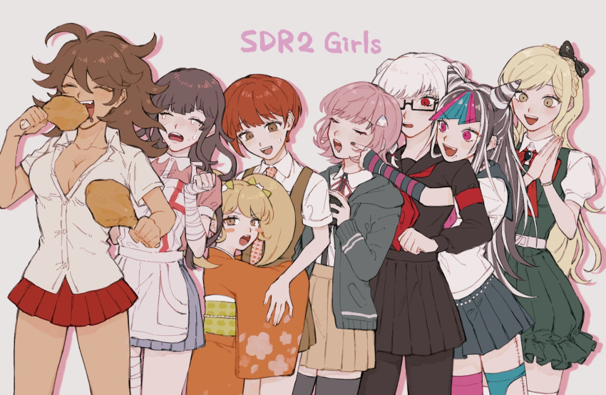 6+girls :d apron asymmetrical_legwear bangs belt black-framed_eyewear black_hair black_pantyhose black_shirt black_skirt black_thighhighs blonde_hair blue_hair blush_stickers bow bowtie breasts brown_eyes brown_hair cat_hair_ornament checkered_necktie collarbone collared_shirt crying danganronpa_(series) danganronpa_2:_goodbye_despair dark_skin dress drooling eating fang food freckles galaga gem green_eyes grey_belt grey_hair hair_horns hair_ornament highres hism_25_(tsumari) holding holding_food japanese_clothes kimono koizumi_mahiru large_breasts long_hair miniskirt mioda_ibuki mismatched_legwear mole mole_under_eye mouth_piercing multicolored_hair multiple_girls nanami_chiaki neck_ribbon neckerchief necktie obi open_mouth orange_kimono owari_akane pantyhose pekoyama_peko piercing pinafore_dress pink_eyes pink_hair pink_ribbon pink_shirt pleated_skirt red_bow red_bowtie red_hair red_neckerchief red_skirt ribbon saionji_hiyoko sash school_uniform semi-rimless_eyewear serafuku shiny shiny_hair shirt shirt_tucked_in short_hair short_sleeves skirt sleeping sleeping_upright smile sonia_nevermind tears teeth thighhighs triangle_hair_ornament tsumiki_mikan twintails upper_teeth white_apron white_hair white_shirt wide_sleeves