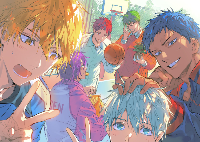 6+boys absurdres adjusting_eyewear akashi_seijuurou aomine_daiki bag ball bangs basketball basketball_hoop bikkusama blonde_hair blue_eyes blue_hair blue_jacket chips_(food) closed_eyes dark-skinned_male dark_skin day fang food food_in_mouth glasses green_hair grin hair_between_eyes hand_on_another's_head hand_up highres holding holding_bag holding_ball jacket kagami_taiga kise_ryouta kuroko_no_basuke kuroko_tetsuya looking_at_viewer midorima_shintarou multiple_boys murasakibara_atsushi open_mouth orange_jacket outdoors potato_chips purple_hair purple_jacket red_eyes red_hair short_hair smile tsurime v yellow_eyes