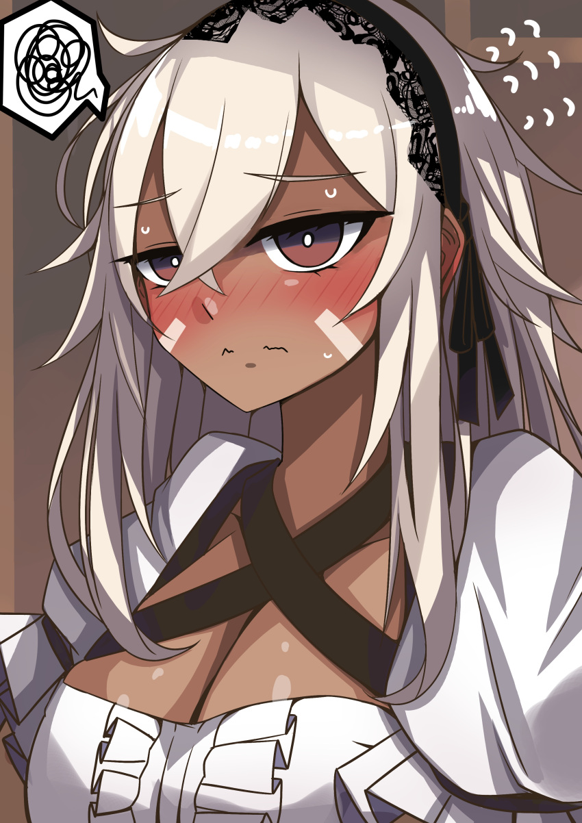 1girl absurdres alternate_costume alternate_eye_color alternate_hairstyle azur_lane bangs black_hairband blush breasts bright_pupils brown_eyes center_frills cleavage closed_mouth commentary_request crossed_bangs dark-skinned_female dark_skin embarrassed enmaided facepaint frilled_sleeves frills grey_hair hair_between_eyes hairband highres large_breasts long_hair looking_at_viewer maid minneapolis_(azur_lane) nose_blush portrait puffy_short_sleeves puffy_sleeves shiny shiny_hair shirt short_sleeves siota1998 solo spoken_squiggle squiggle sweat very_long_hair wavy_mouth white_pupils white_shirt