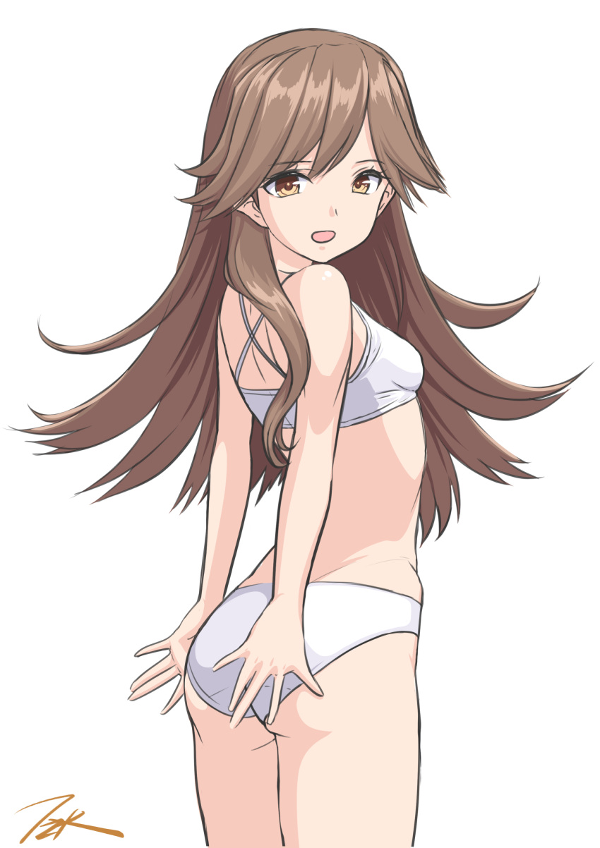 1girl arashio_(kancolle) artist_logo artist_name ass bra brown_eyes brown_hair commentary_request cowboy_shot from_behind highres kantai_collection long_hair looking_at_viewer panties signature simple_background solo t2r training_bra underwear underwear_only white_background white_bra white_panties