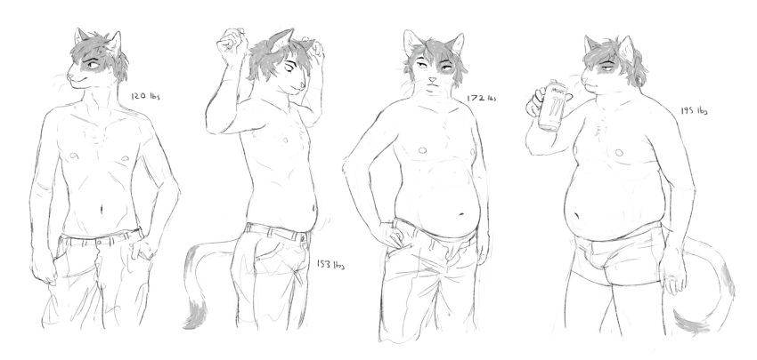 anthro belly beverage_can black_hair bottomwear briefs cettus clothed clothing domestic_cat drinking felid feline felis fur hair hi_res holding_object male mammal natan_osorio_suarez overweight overweight_anthro overweight_male pants pudgy_belly sequence sketch slightly_chubby solo standing topless underwear weight_gain white_body white_fur