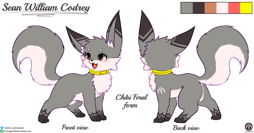 absurd_res ambiguous_gender blush cheek_tuft chest_tuft collar collar_only countershade_torso countershading digitigrade english_text facial_tuft fangs feral fluffy fluffy_tail fur gloves_(marking) grey_body grey_fur head_tuft hi_res inner_ear_fluff iradeon leg_markings mammal markings model_sheet nude open_mouth open_smile orange_eyes quadruped sean_(senz) senz simple_background smile socks_(marking) solo text tuft url watermark white_background white_body white_fur yellow_collar
