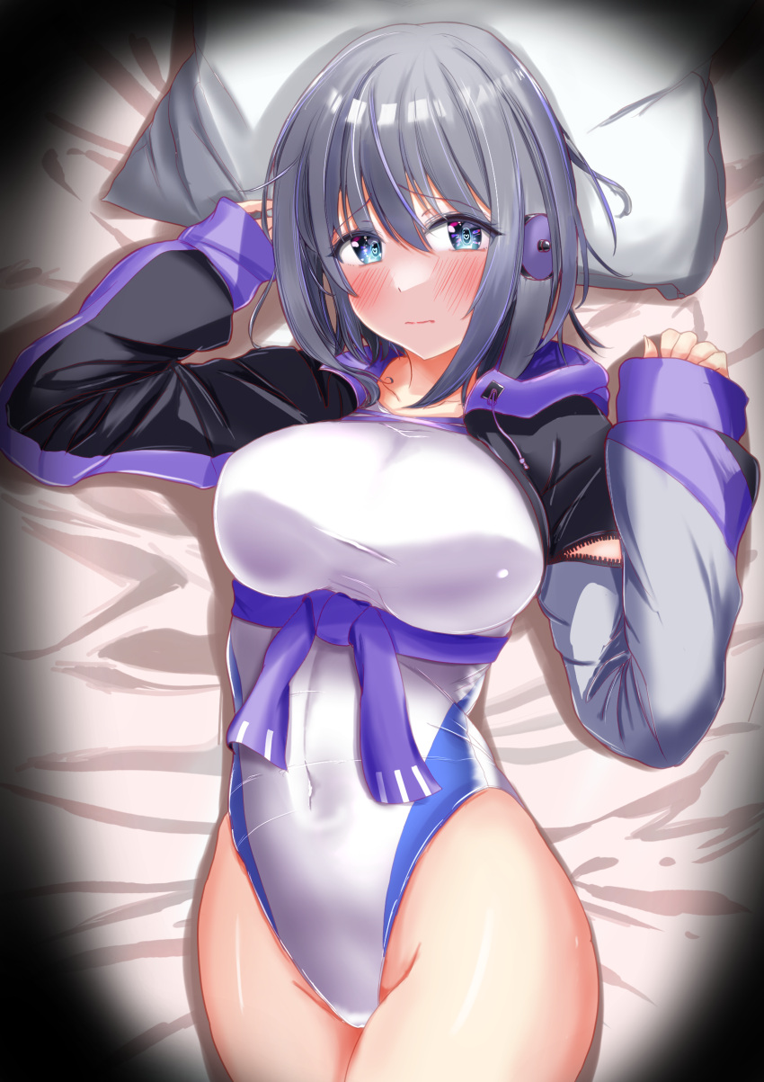 absurdres blue_eyes charomi commission competition_swimsuit cowboy_shot cropped_jacket grey_hair highleg highleg_swimsuit highres jacket looking_at_viewer lying multicolored_clothes multicolored_jacket on_back one-piece_swimsuit pillow short_hair skeb_commission station_memories sunadabashi_akira swimsuit white_one-piece_swimsuit