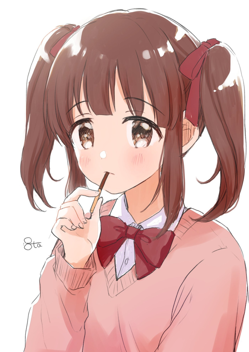 1girl blush bow bowtie brown_hair cookie food highres holding holding_cookie holding_food idolmaster idolmaster_cinderella_girls looking_at_viewer mitsuyahachiko ogata_chieri pink_vest pocky red_bow red_bowtie sidelocks simple_background solo sweater_vest twintails underwear vest white_background