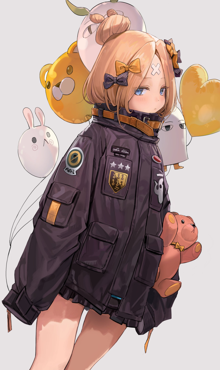 1girl abigail_williams_(fate) absurdres balloon bandaid bandaid_on_face bandaid_on_forehead bangs black_bow black_jacket black_skirt blonde_hair blue_eyes blush bow expressionless fate/grand_order fate_(series) forehead freng from_side hair_bow hair_bun heart_balloon highres jacket long_hair long_sleeves looking_at_viewer miniskirt multiple_hair_bows orange_bow parted_bangs polka_dot polka_dot_bow short_hair single_hair_bun skirt sleeves_past_fingers sleeves_past_wrists solo stuffed_toy