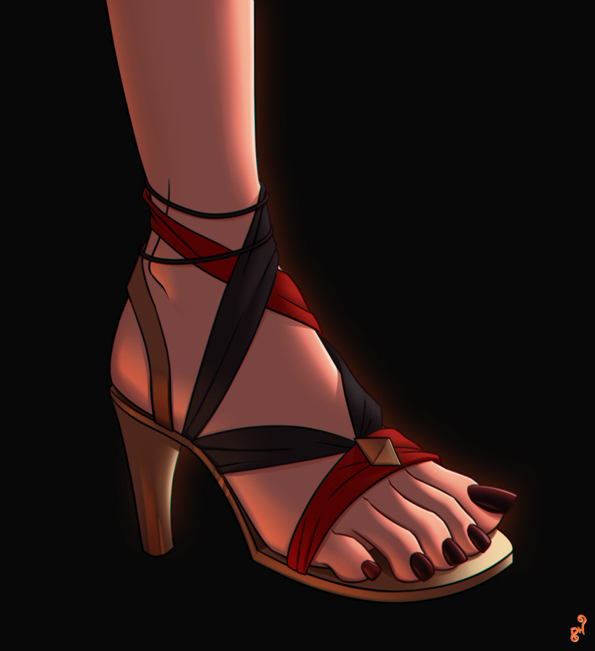 1girl absurdres artist_logo black_background brown_nails dark-skinned_female dark_skin dehya_(genshin_impact) english_commentary feet feet_only foot_focus genshin_impact highres legs mohoshadream multicolored_hair nail_polish sandals shadow shiny shiny_skin solo strappy_heels streaked_hair toenail_polish toenails toes