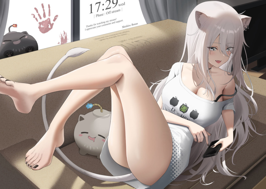 1girl animal_ears black_bra black_nails blush bottomless bra breasts cleavage couch english_text fang grey_eyes hair_between_eyes hand_print hololive large_breasts lion_ears lion_girl lion_tail long_hair looking_at_viewer lying nail_polish off_shoulder on_back on_couch open_mouth paid_reward_available ri_qing shirt shishiro_botan short_sleeves single_bare_shoulder solo ssrb strap_slip t-shirt tail thighs toenail_polish toenails underwear very_long_hair virtual_youtuber white_hair white_shirt