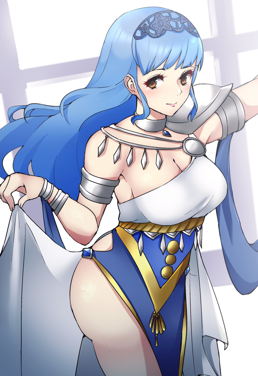 1340smile 1girl absurdres alternate_costume armlet armor ass bangs blue_hair blue_hairband blunt_bangs blush bracelet breasts brown_eyes closed_mouth commentary commission dancer dancer_(three_houses) dress english_commentary fire_emblem fire_emblem:_three_houses fire_emblem_warriors:_three_hopes floating_hair hairband highres jewelry large_breasts lips long_hair looking_at_viewer marianne_von_edmund official_alternate_hairstyle pelvic_curtain pink_lips shoulder_armor smile solo white_dress