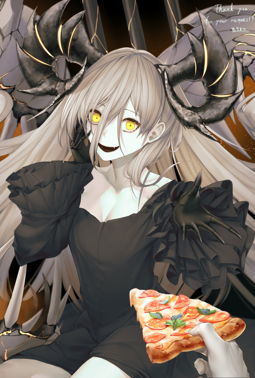 1girl abyssal_ship black_dress commission crazy_eyes crazy_smile dress food hand_on_own_face highres horns kantai_collection long_hair long_sleeves looking_at_viewer mediterranean_dreadnought_water_princess mokuren_(mozukukirai88) open_mouth pale_skin pizza pizza_slice smile solo