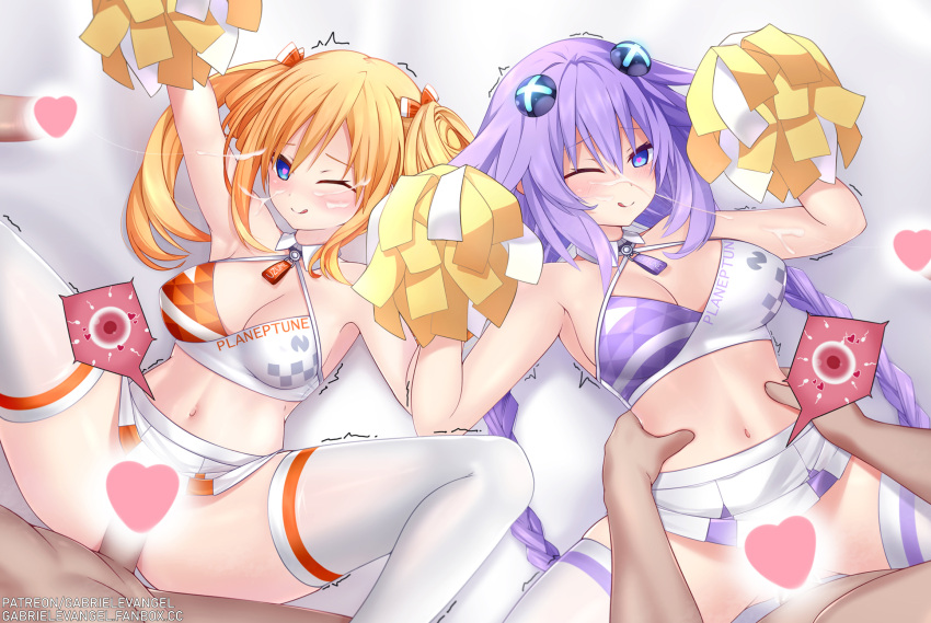 2girls 4boys :q ;) alternate_costume arm_up armpits ass bare_shoulders blue_archive blue_eyes blush bottomless bow braid breasts censored character_name cheerleader choujigen_game_neptune cleavage collar commentary cosplay covered_nipples criss-cross_halter crop_top cum cum_in_pussy cum_on_body detached_collar emblem english_commentary facial facing_viewer fanbox_username gabriel_evangel hair_bow hair_ornament hair_ribbon hair_rings halterneck hand_up heart heart-shaped_pupils heart_censor hetero highres impregnation knees_up large_breasts legs long_hair looking_afar lying m_legs medium_breasts microskirt midriff miniskirt mixed-language_commentary multiple_boys multiple_girls navel neptune_(series) no_bra no_panties on_back one_eye_closed orange_bow orange_hair orange_heart patreon_username pleated_skirt pom_pom_(cheerleading) power_symbol purple_hair purple_heart ribbon sex shin_jigen_game_neptune_vii shirt skindentation skirt sleeveless sleeveless_shirt smile solo spread_legs striped striped_thighhighs symbol-shaped_pupils thighhighs thighs tongue tongue_out torso_grab trembling twin_braids twintails upskirt vaginal white_background white_thighhighs