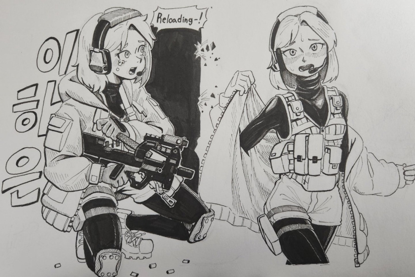 1girl ammunition_pouch bulletproof_vest bullpup crying gloves gun headset hood hoodie ink knee_pads monochrome original p90 paul_1ng pouch reloading shell_casing shorts submachine_gun weapon