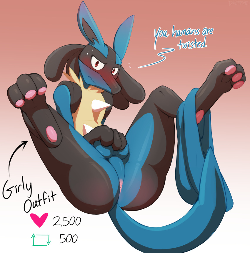 2022 anthro big_butt biped black_body black_fur blue_body blue_fur blush bodily_fluids bottomless butt clothed clothing dialogue digitigrade dripponi english_text fur generation_4_pokemon gradient_background hi_res lucario male nintendo pawpads pink_pawpads pokemon pokemon_(species) presenting presenting_hindquarters red_eyes shaded simple_background solo sweat text video_games yellow_body yellow_fur