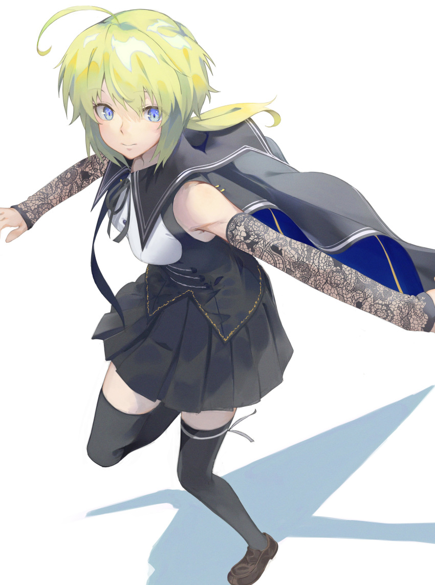 1girl a.k.a.zkin absurdres ahoge amano_soraha assault_lily bangs bare_shoulders black_cape black_ribbon black_skirt black_thighhighs blonde_hair blue_cape blue_eyes breasts brown_footwear buttons cape closed_mouth commentary_request detached_sleeves from_above hair_between_eyes hands_up highres lace_sleeves leg_ribbon leg_up loafers long_hair long_sleeves looking_at_viewer low_ponytail medium_breasts miniskirt neck_ribbon outstretched_arm pleated_skirt ponytail ribbon school_uniform shadow shirt shoes simple_background skirt sleeveless sleeveless_shirt sleeves_past_wrists solo standing standing_on_one_leg suspenders thigh_ribbon thighhighs two-sided_cape two-sided_fabric underbust white_background white_ribbon white_shirt yurigaoka_girls_academy_school_uniform zettai_ryouiki